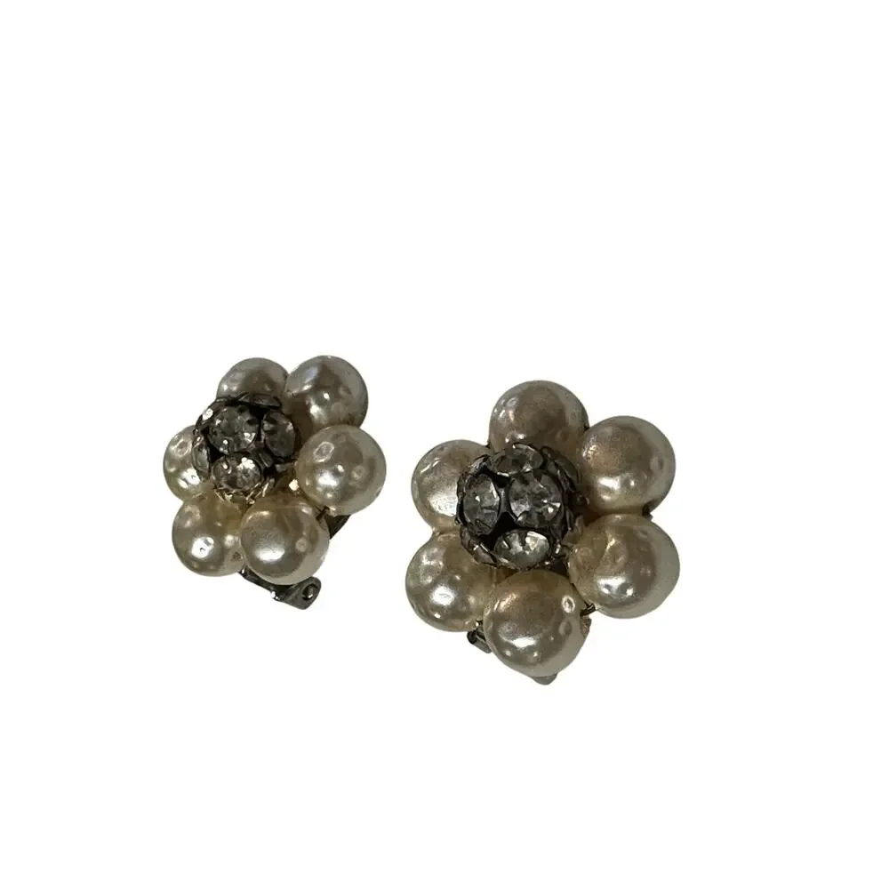 Vintage faux Pearl Crystal Earrings Rhinestone Statement Hollywood Glam jewelry